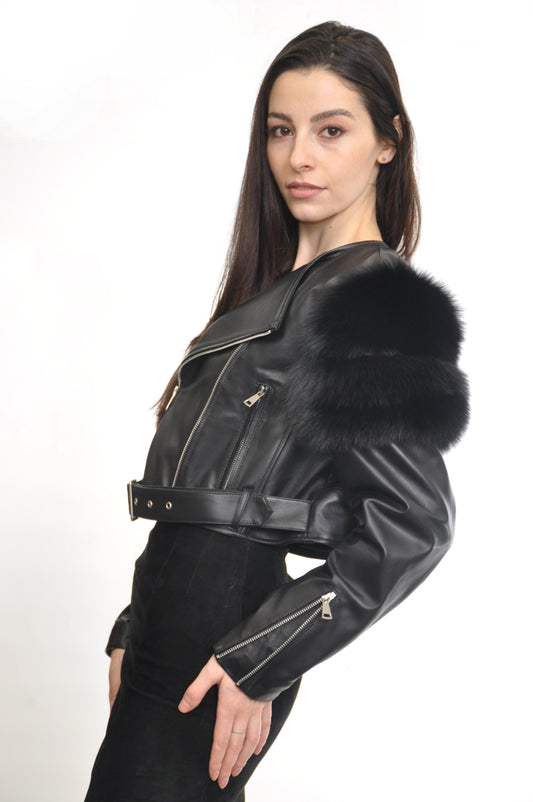 Lamb Leather Fox Sleeve Moto Jacket